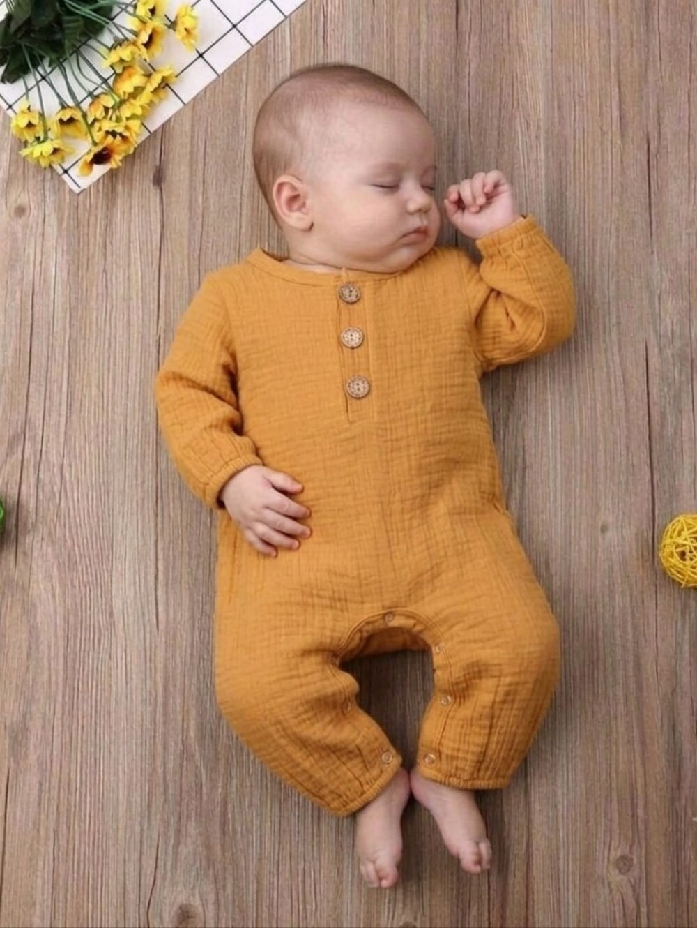 Baby Boy Girl Cotton Gauze Romper Long Sleeve Button One-Piece Jumpsuit 0-3M
